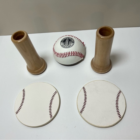 Sporty Baseball Themed Coasters & Holder Set w/ Bat Shot Glasses & Bottle Opener - Picture 2 of 6